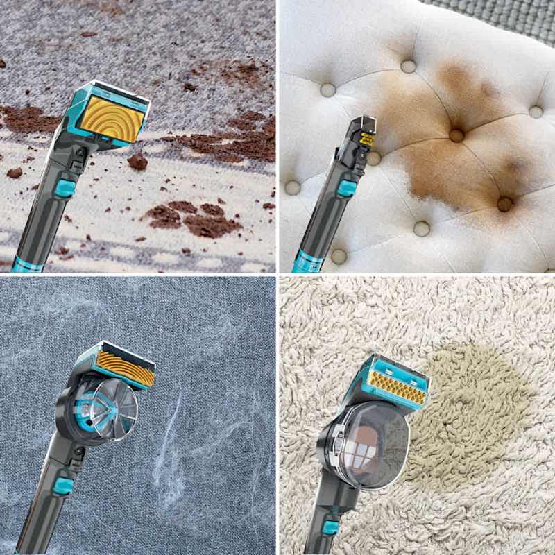 The 4 attachments in action across dirt, upholstery stains, pet hair and rug stains